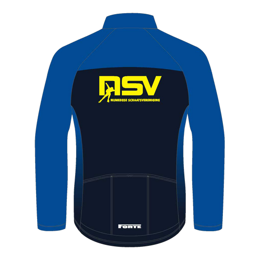NSV 4-seasonjack voor kinderen – wind- en waterafstotend fietsjack van het langebaanteam van de Nijmeegse Schaatsvereniging, ideaal voor jonge wielrenners tijdens training in diverse weersomstandigheden - achterkant