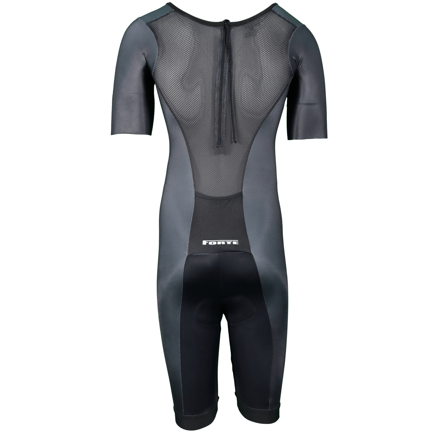 Triathlon suit pro gemaakt voor triatlon sporters die tot het uiterste gaan, zwart met forte logo, foto achterkant