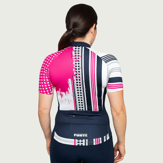 Wielershirt roze voor dames en heren, unisex wielershirt met patroondesign met roze, wit, blauw, donkerblauw navy kleuren