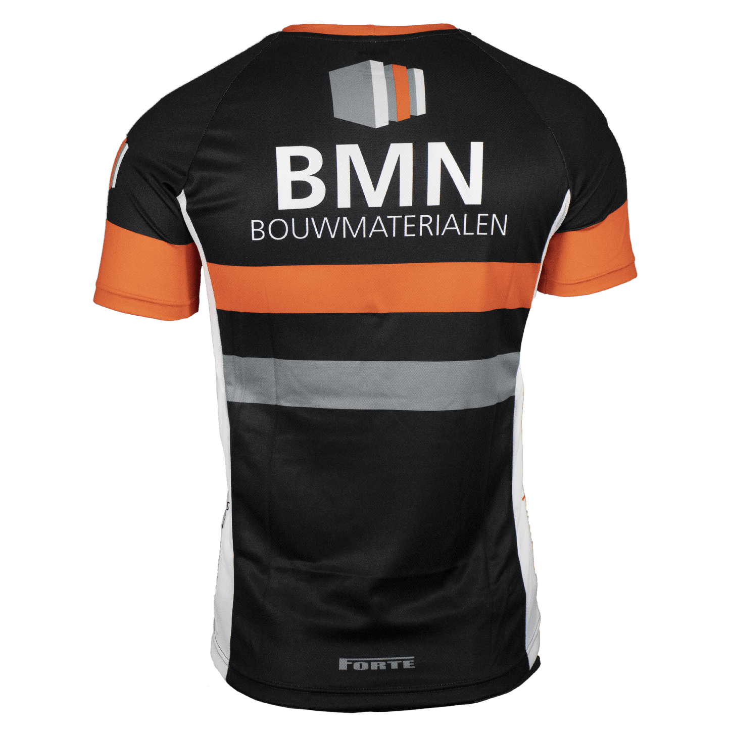Achteraanzicht BMN Bouwmaterialen wielershirt – rugzakzakken en ventilatiezone zichtbaar, met BMN-logo op de rug