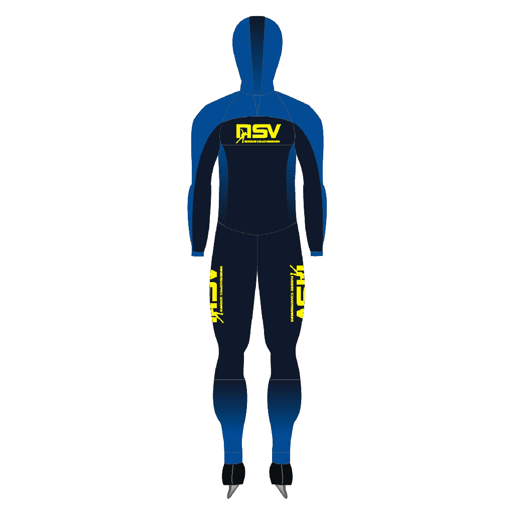 NSV lycra speedpak met cap voor kinderen – licht en aerodynamisch schaatspak met cap van de Nijmeegse Schaatsvereniging, ontworpen voor jonge langebaanschaatsers die snelheid en bewegingsvrijheid nodig hebben op de 400-meterbaan - achterkant