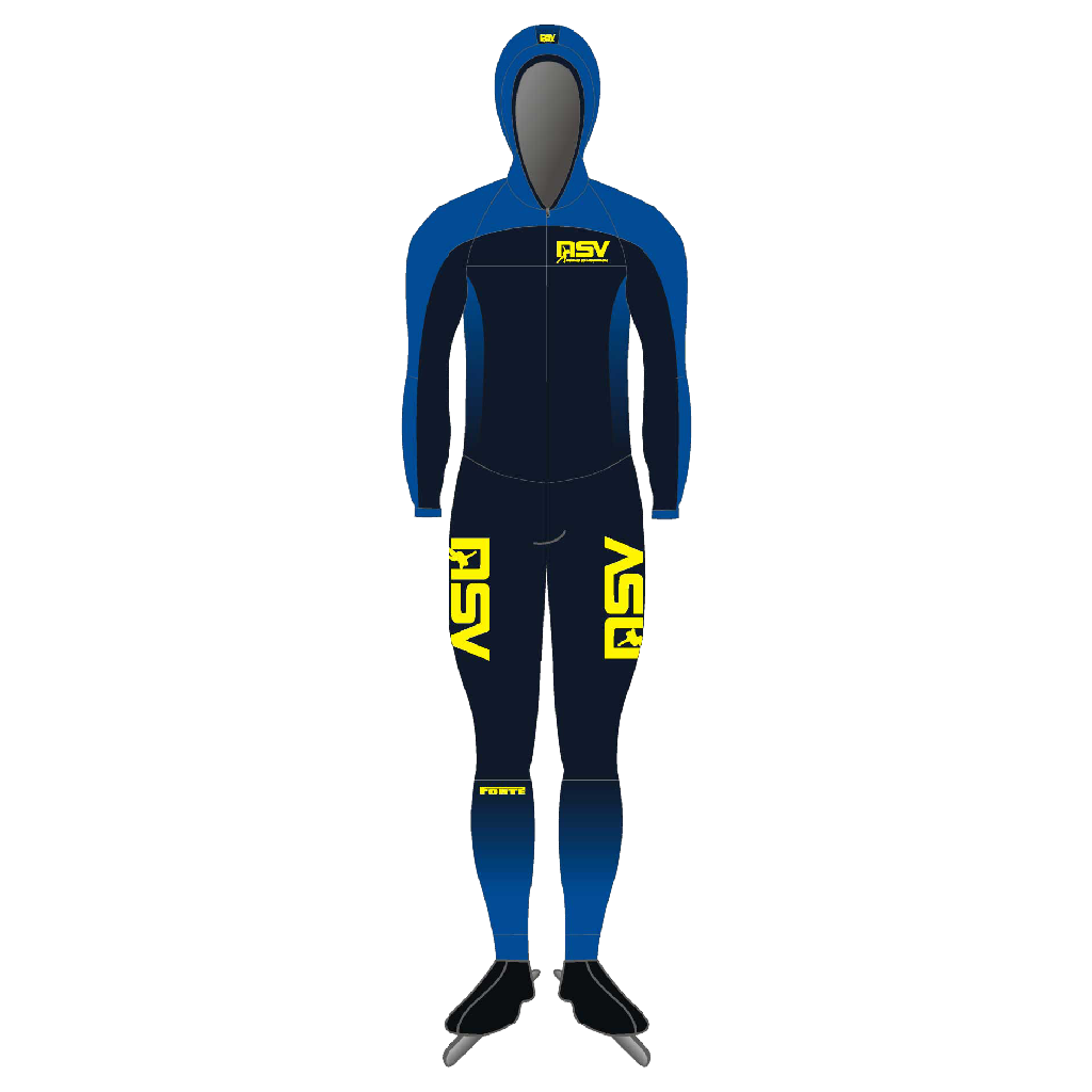 NSV lycra speedpak met cap voor kinderen – licht en aerodynamisch schaatspak met cap van de Nijmeegse Schaatsvereniging, ontworpen voor jonge langebaanschaatsers die snelheid en bewegingsvrijheid nodig hebben op de 400-meterbaan