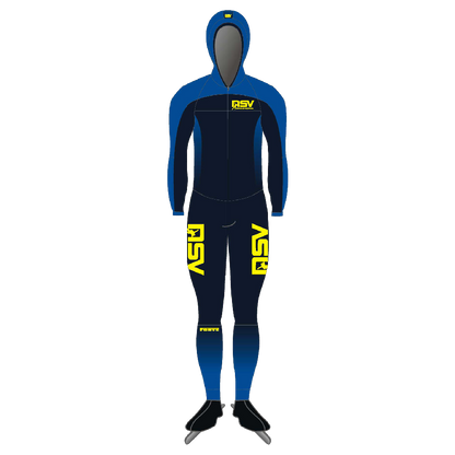 NSV lycra speedpak met cap voor kinderen – licht en aerodynamisch schaatspak met cap van de Nijmeegse Schaatsvereniging, ontworpen voor jonge langebaanschaatsers die snelheid en bewegingsvrijheid nodig hebben op de 400-meterbaan