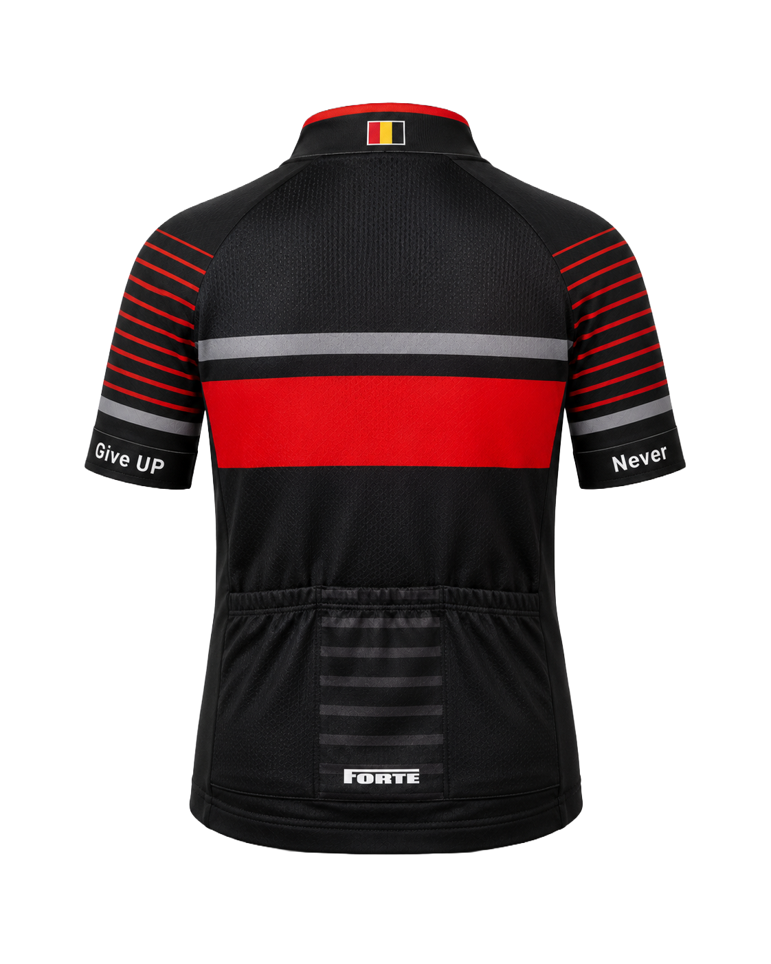 Achterkant van Forte kinderwielershirt met mesh rugpaneel, achterzakken en Belgische vlag