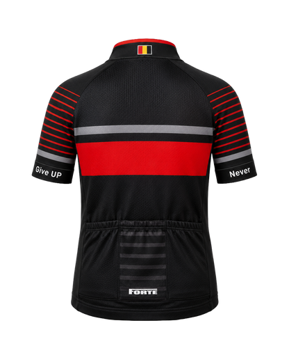 Achterkant van Forte kinderwielershirt met mesh rugpaneel, achterzakken en Belgische vlag