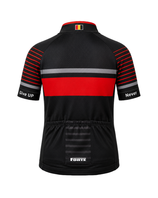 Achterkant van Forte kinderwielershirt met mesh rugpaneel, achterzakken en Belgische vlag