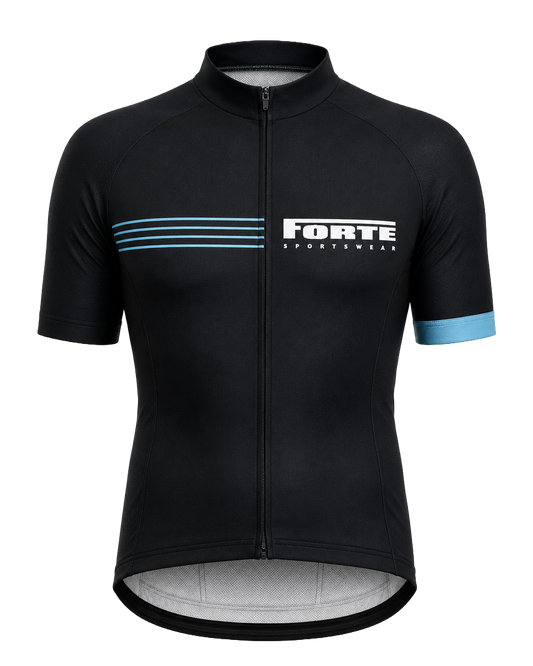 Zwart Forte Wielershirt Race voor heren met korte mouwen, blauwe details en volledige ritssluiting.