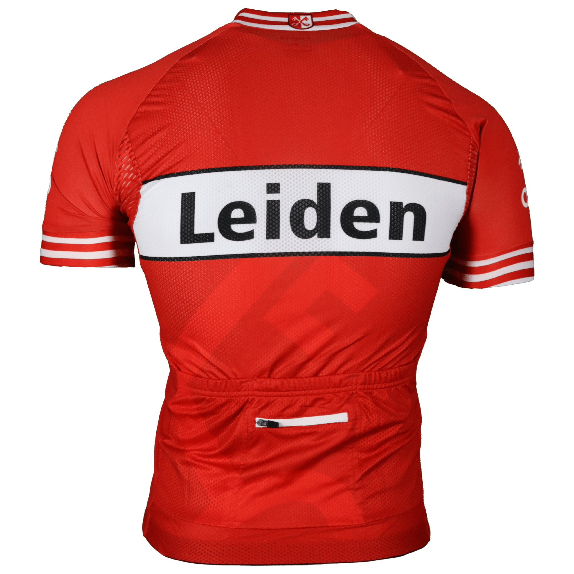 wielershirt van gemeente leiden, iconisch sleutel design gemeenteleiden wielerkleding, foto achter
