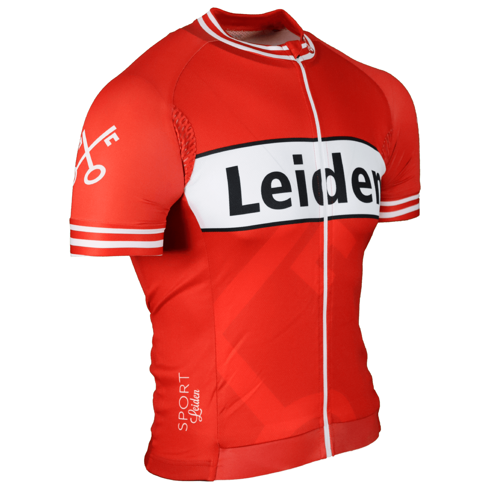 wielershirt van gemeente leiden, iconisch sleutel design gemeenteleiden wielerkleding, foto schuinvoor