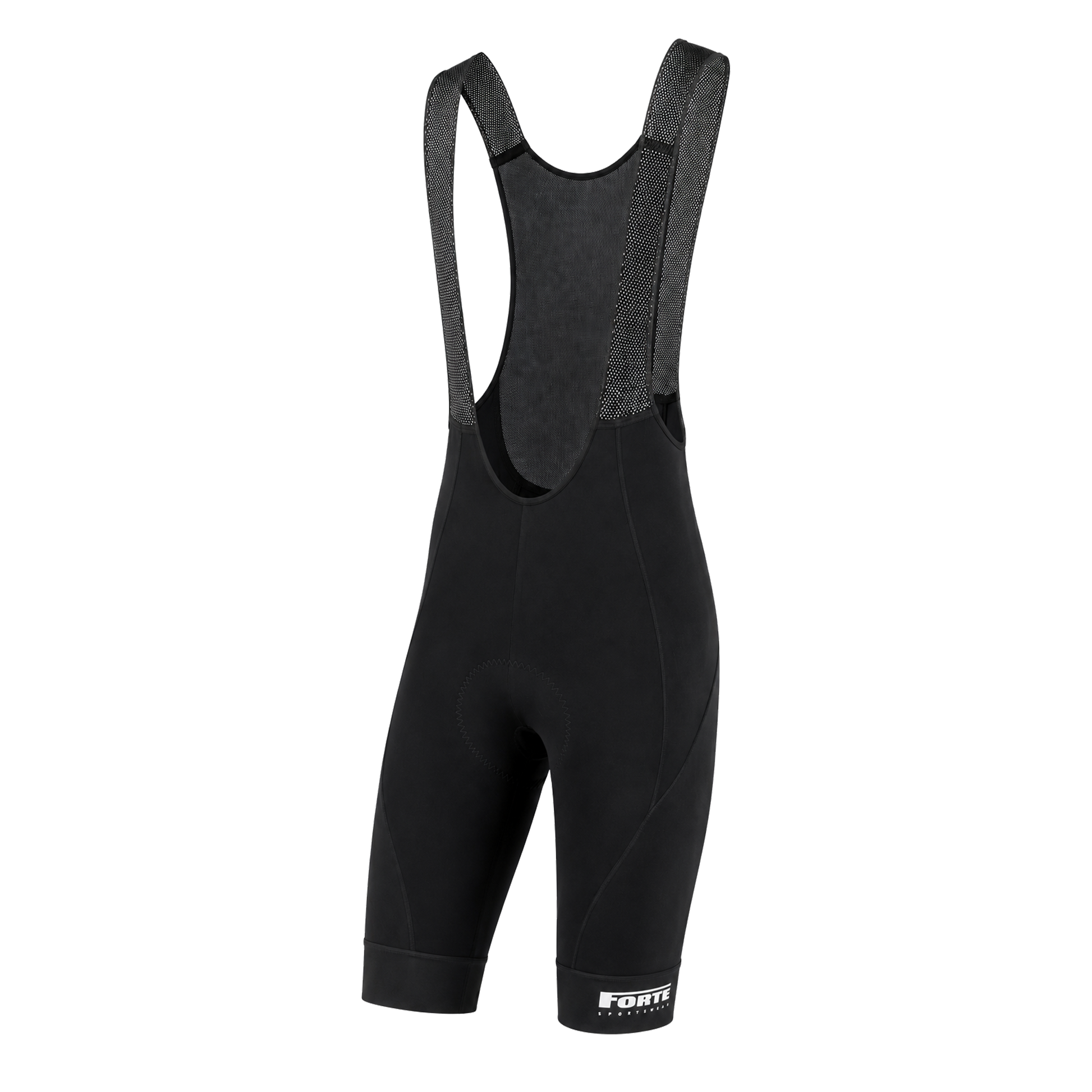 zwarte wielerbroek voor wielrenners en fietsers, koersbroek blanco met forte logo